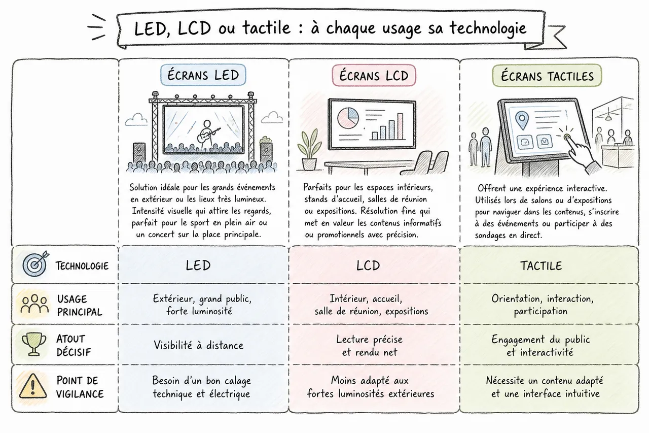 Pourquoi choisir la location d'écrans pour vos événements et projets municipaux ? , Comment choisir le bon écran selon votre projet ? LED, LCD, tactiles et solutions sur mesure