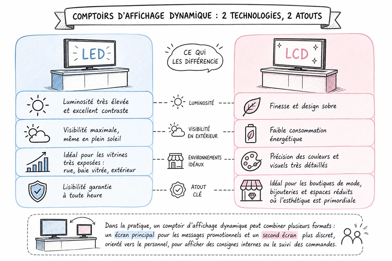 Comment choisir son comptoir d'affichage dynamique pour son commerce ? , Quels sont les types de comptoirs d'affichage dynamique et leurs avantages ?