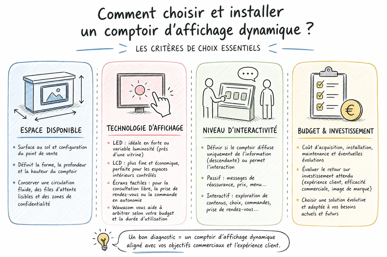 Comment choisir son comptoir d'affichage dynamique pour son commerce ? , Comment choisir et installer un comptoir d'affichage dynamique ?